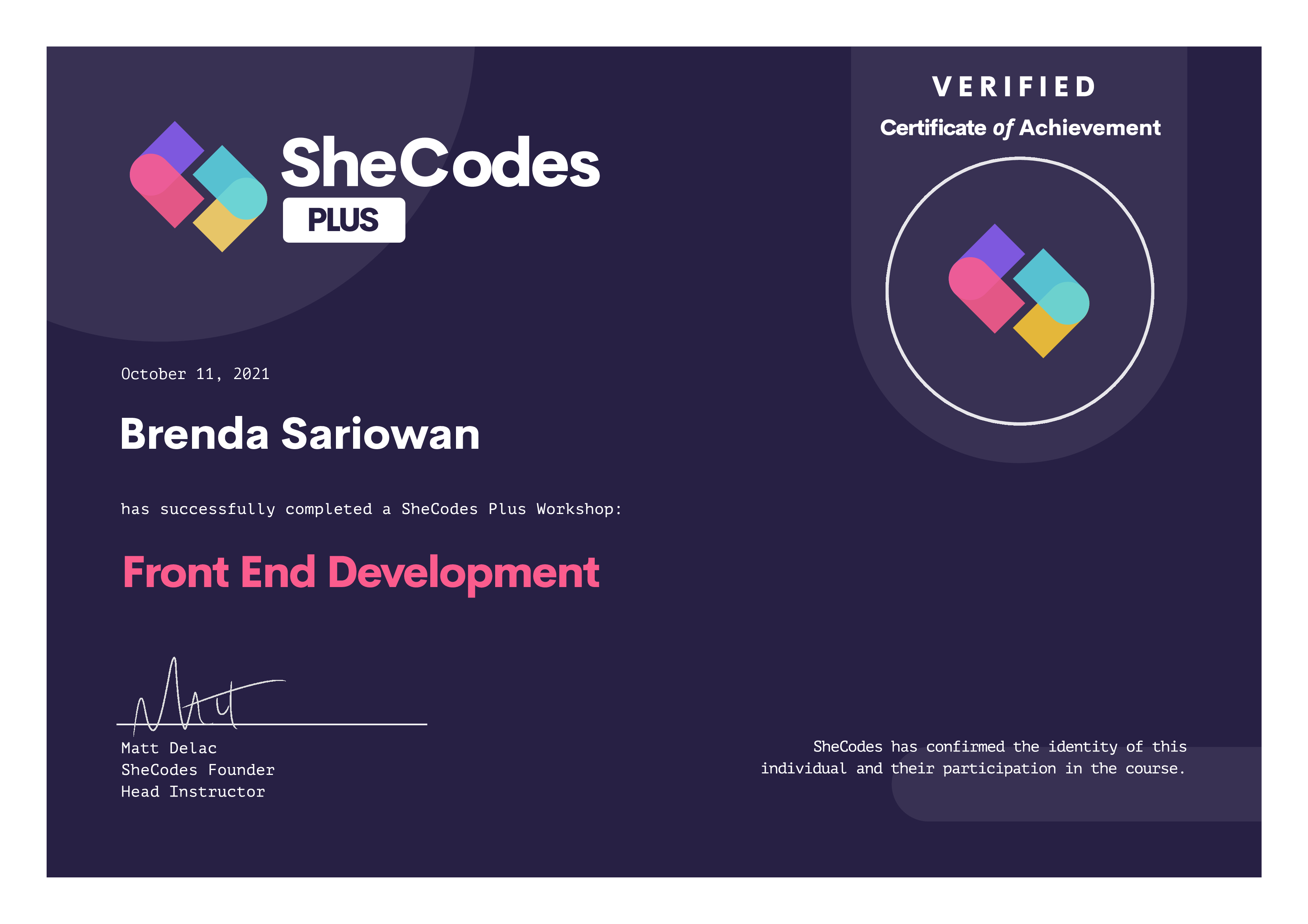 Brenda's SheCodes Plus workshop certificate of achievement