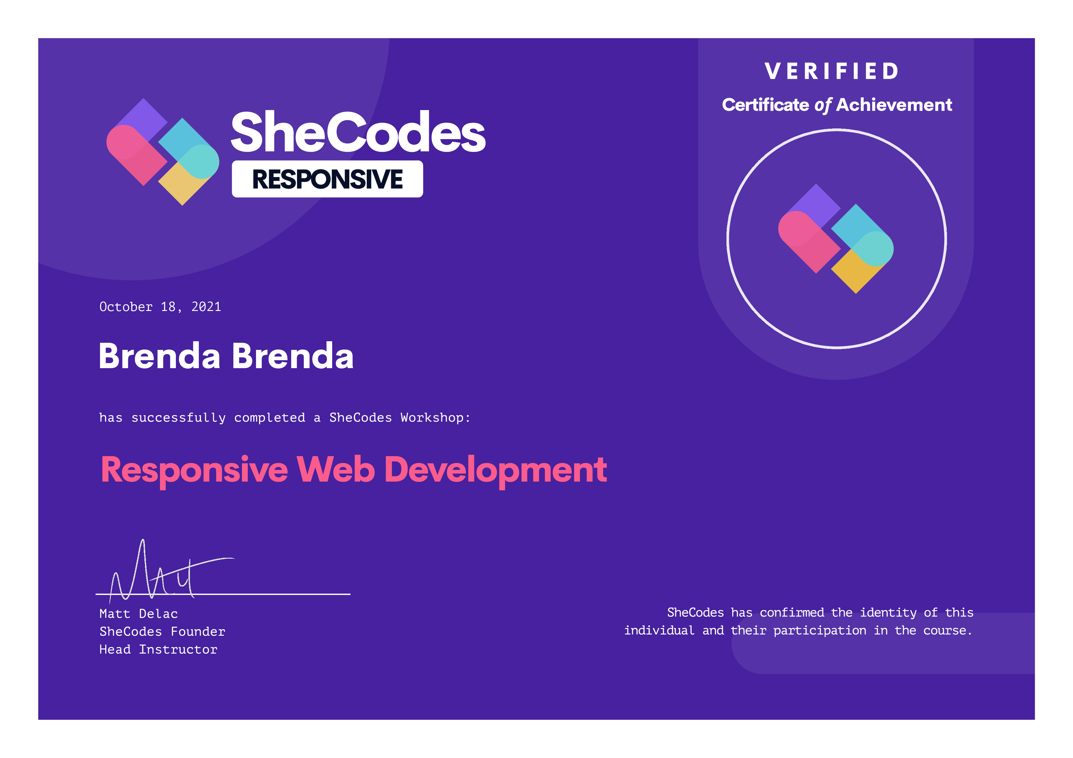 Brenda's SheCodes Responsive workshop certificate of achievement